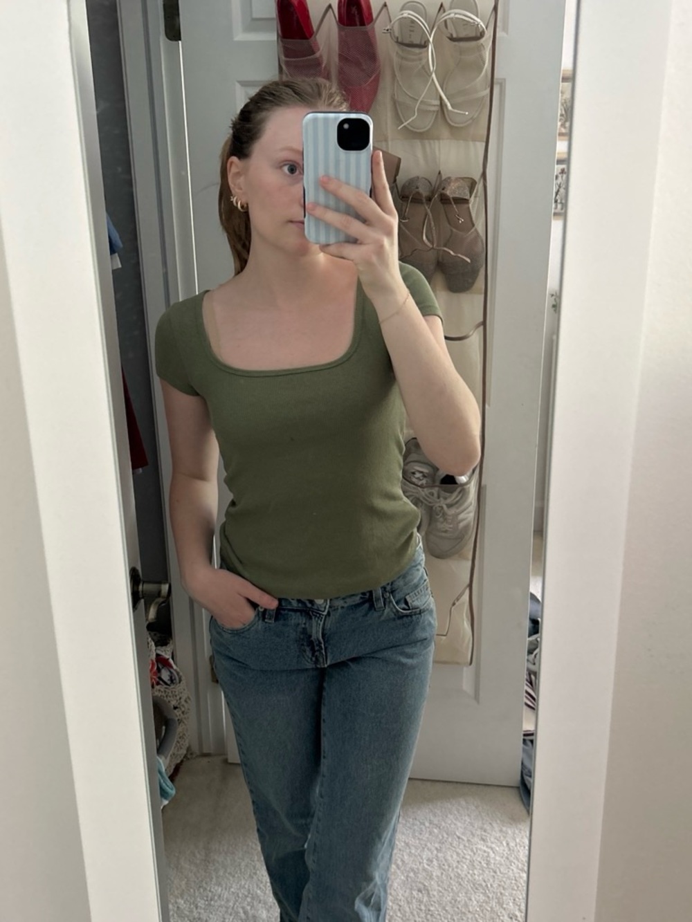 Old Navy Olive Green Square Neck Ribbed Short Sleeve Tee